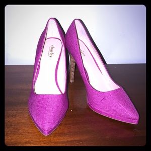 CHARLES DAVID PLATEAU MAGENTA LINEN POINTED PUMPS